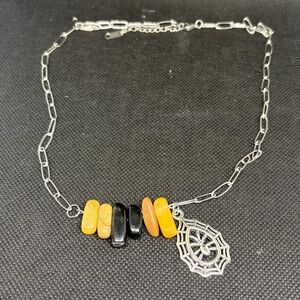 Multi Stone Bar Necklace with Spider Charm and Stainless Steel Paperclip chain